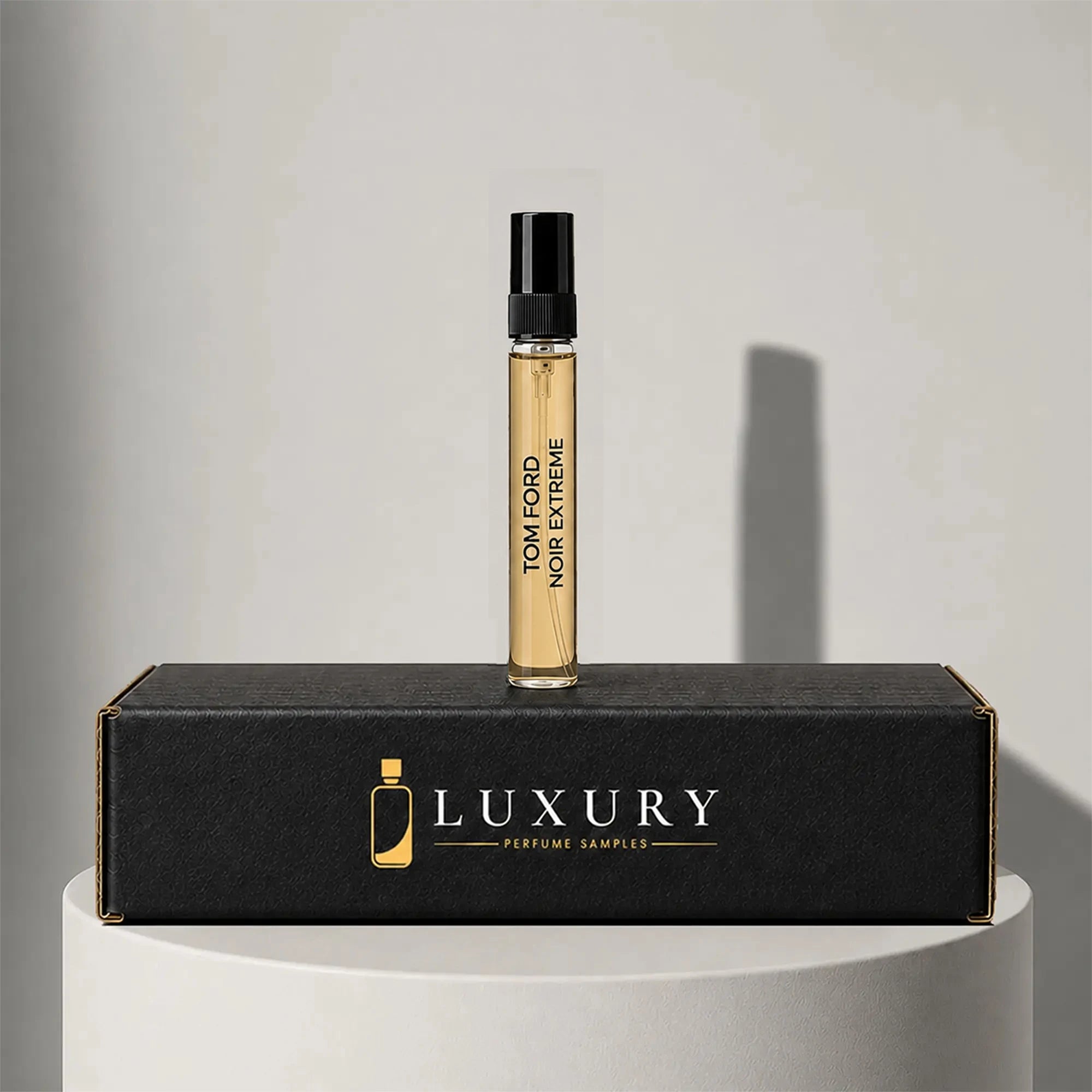 Tom Ford Noir Extreme eau de parfum sample vial, displayed on Luxury Perfume Samples branded box – sample decant available at luxuryperfumesamples.com
