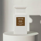 Tom Ford Soleil Blanc eau de parfum in white glass bottle – full-size bottle available at luxuryperfumesamples.com
