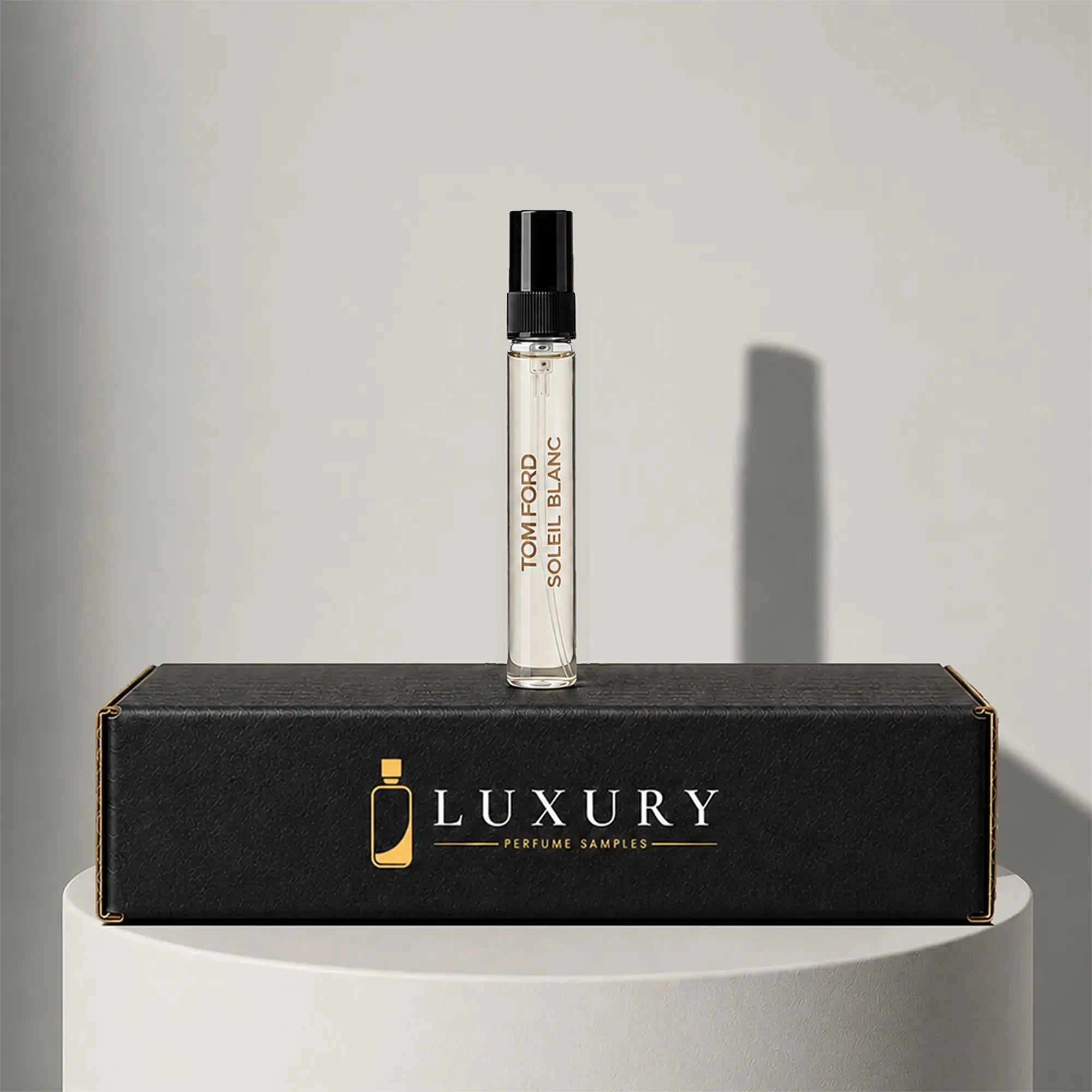 Tom Ford Soleil Blanc eau de parfum sample vial, displayed on Luxury Perfume Samples branded box – sample decant available at luxuryperfumesamples.com
