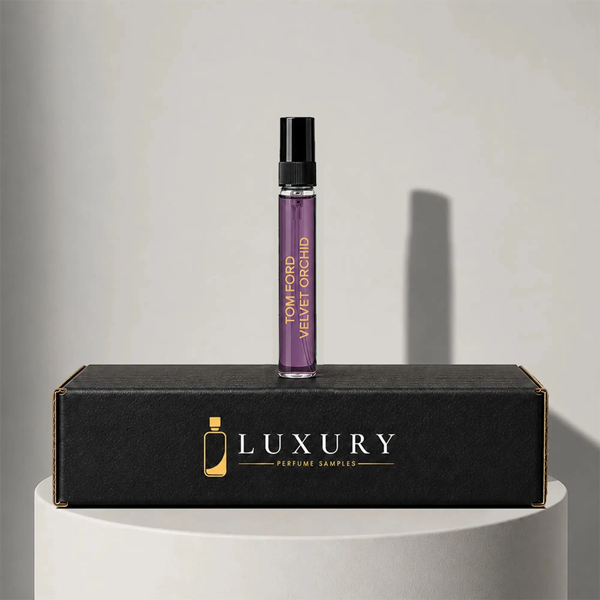 Tom Ford Velvet Orchid eau de parfum sample vial, displayed on Luxury Perfume Samples branded box – sample decant available at luxuryperfumesamples.com