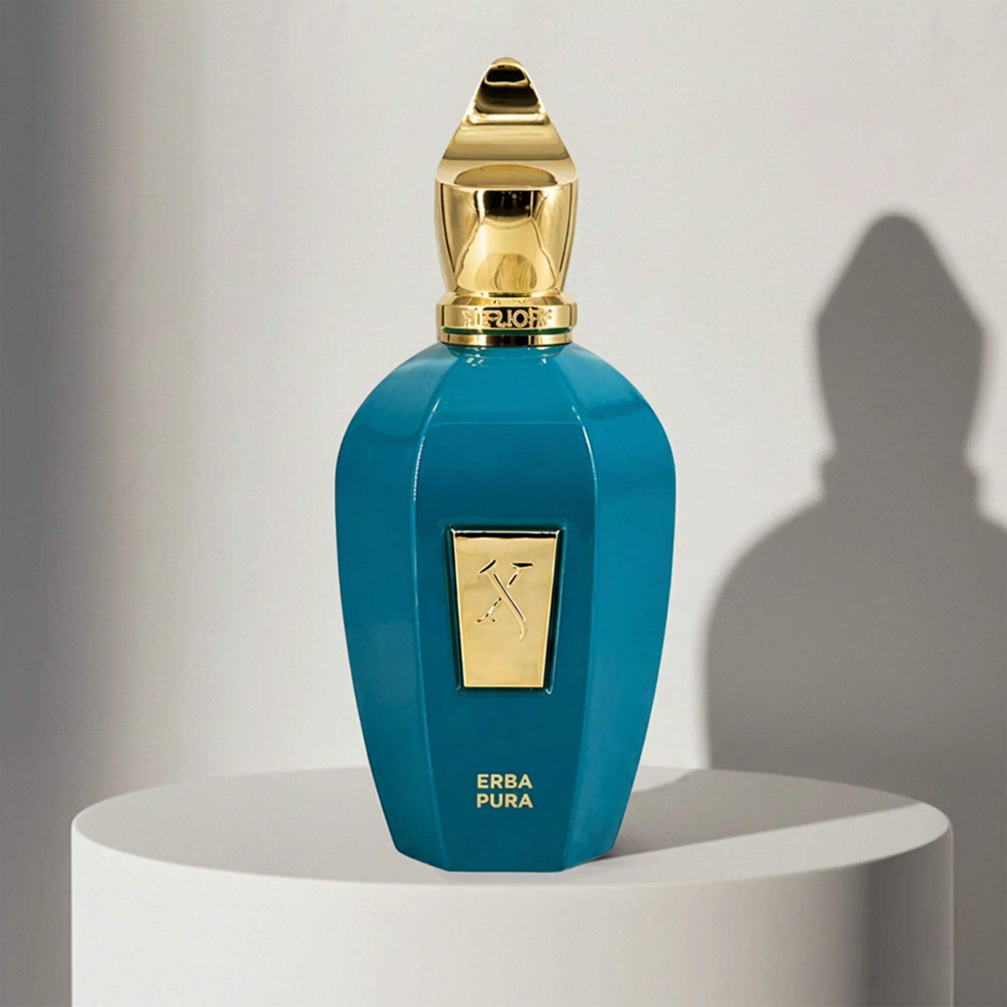 Xerjoff Erba Pura eau de parfum in teal glass bottle with gold cap – full-size bottle available at luxuryperfumesamples.com