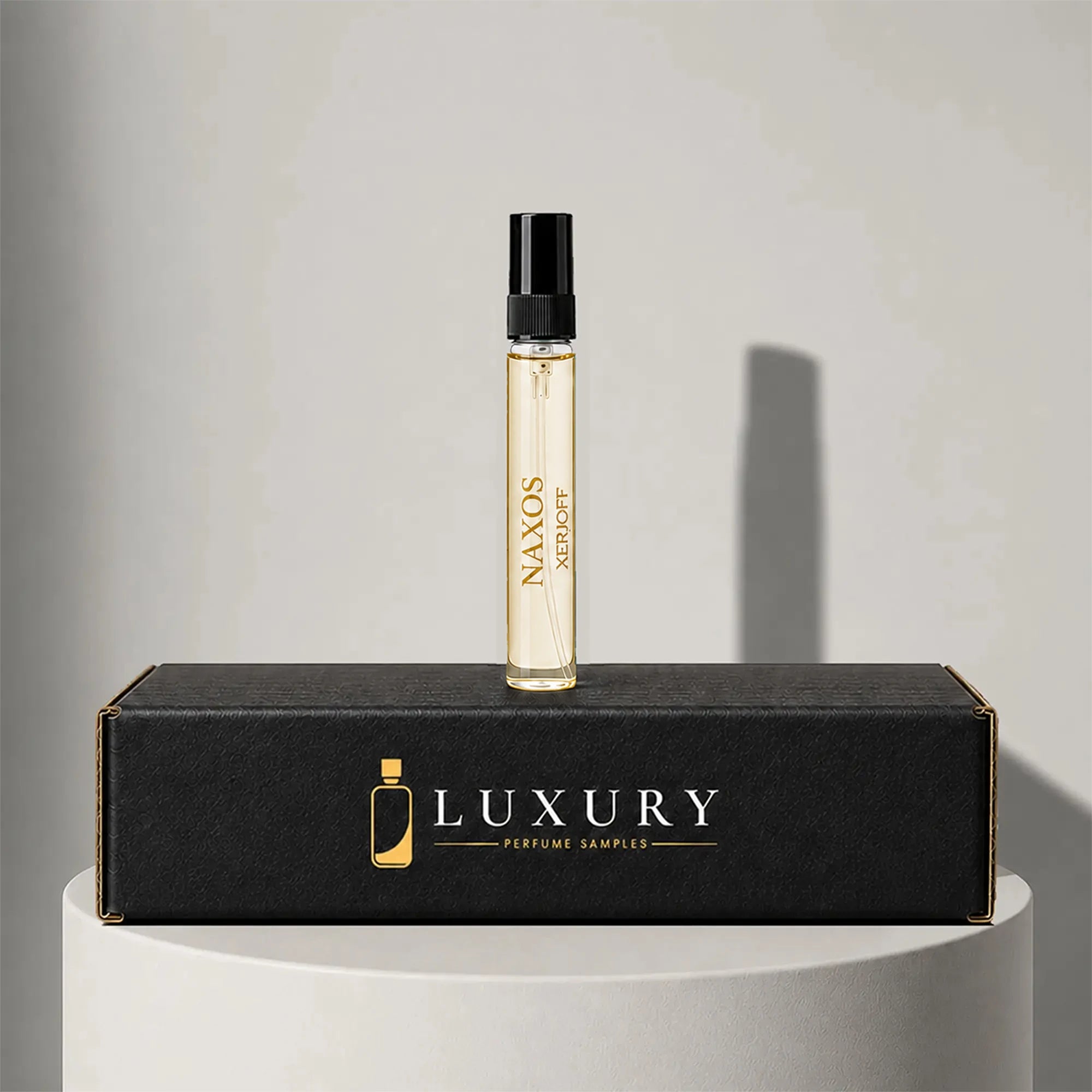 Xerjoff Naxos eau de parfum sample vial, displayed on Luxury Perfume Samples branded box – sample decant available at luxuryperfumesamples.com