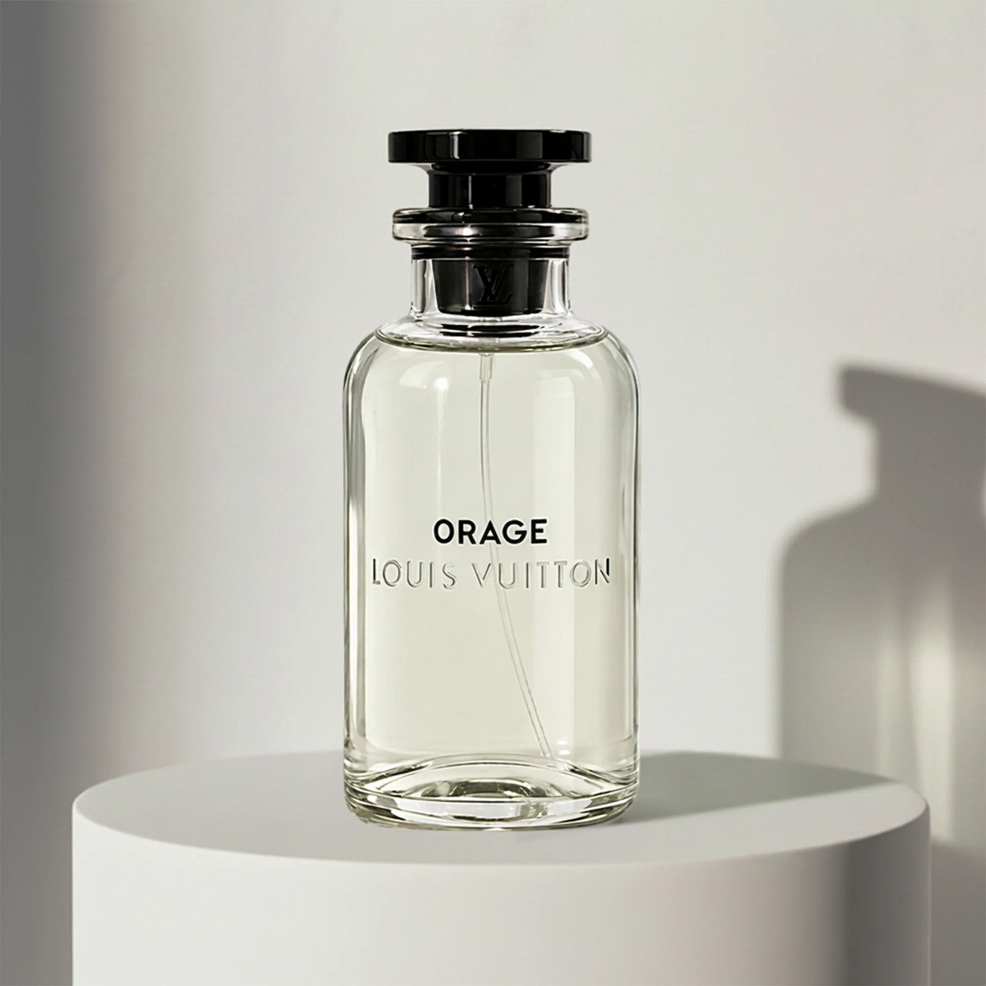 Louis Vuitton Orage eau de parfum in clear glass bottle with black cap – full-size bottle available at luxuryperfumesamples.com
